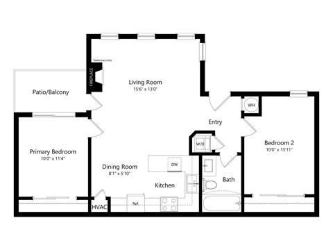 A floor plan of a home with a living room, two bedrooms, a dining room, kitchen, and bath.